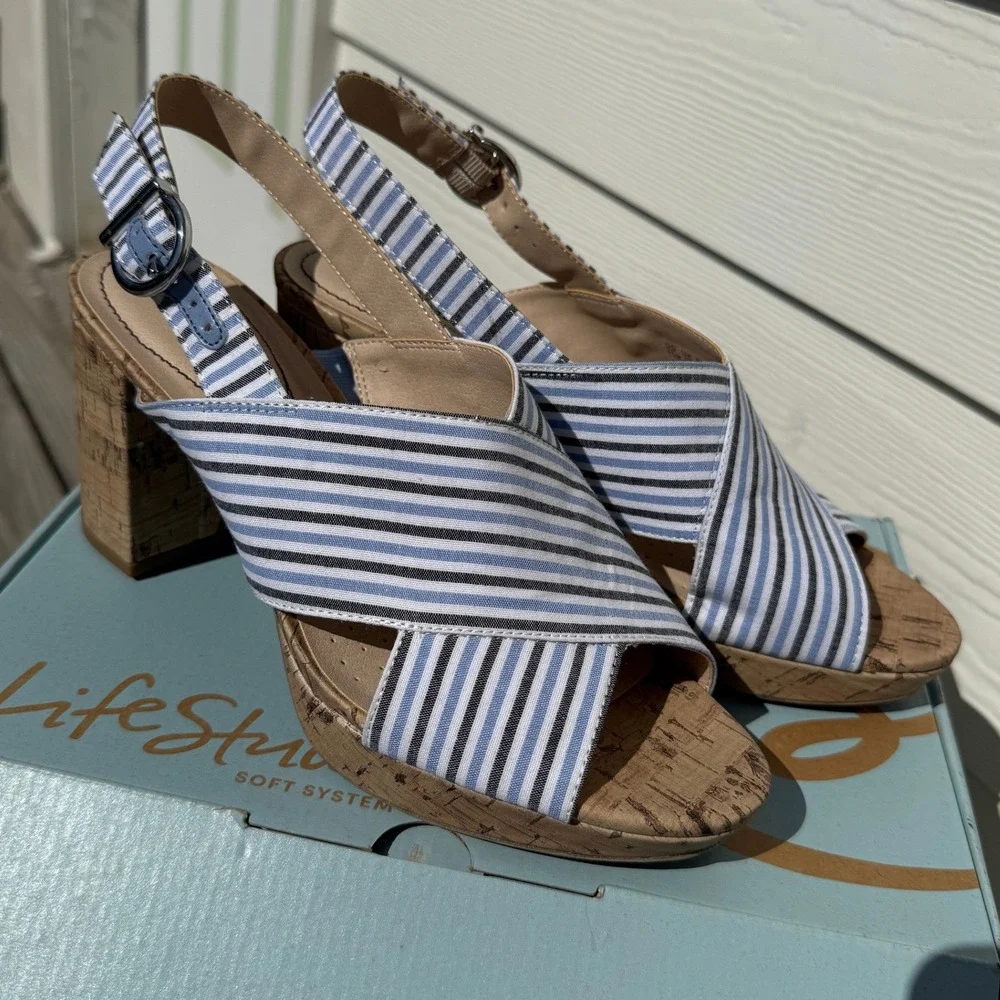 LifeStride Sandals Women‎ 8.5 Blue Striped Block Heel Cork Slingback Strappy NIB